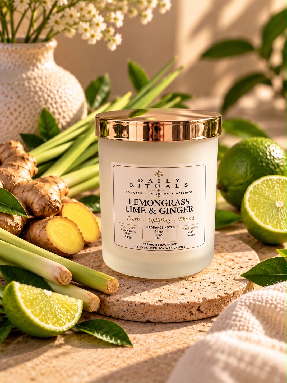 Lemongrass, Lime & Ginger candle beside fresh ginger, lemongrass and limes