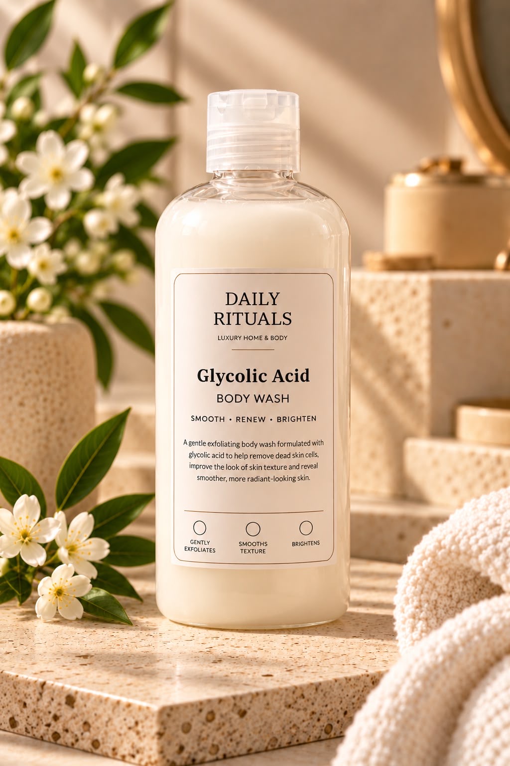 Glycolic Acid Body Wash in a white bottle on a stone plinth